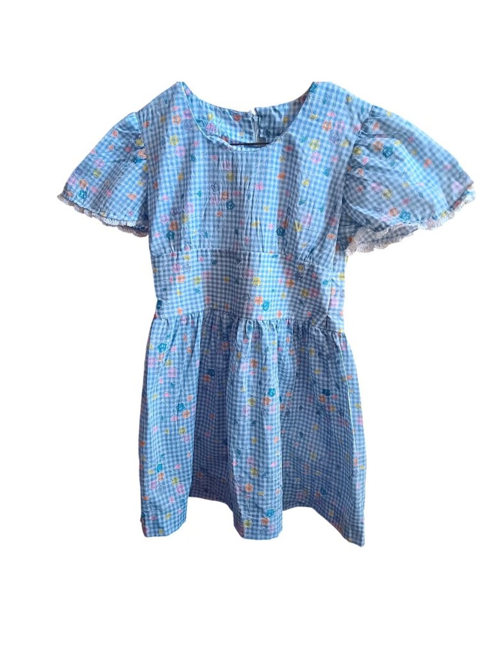 True Vintage Dress Girls 8 70's Blue Gingham Floral Short Sleeve Lace Trim Party